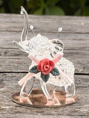 VINTAGE Hand Spun Art Glass Lucky Elephant Figurine Floral Pearl Accents Stand